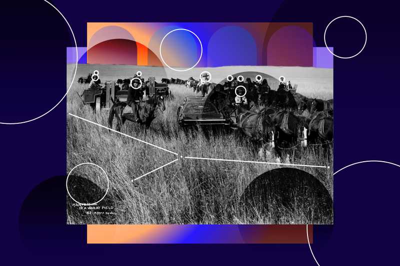 Abstract shapes on top of a vintage photograph of a team of farm workers.